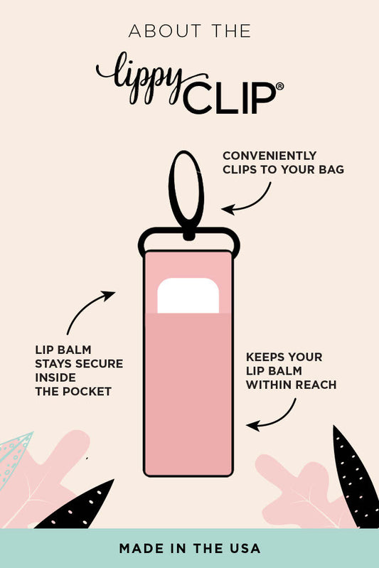 Lippy Clip product illustration with text explaining its features on a beige background.