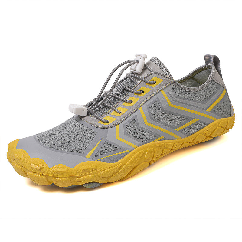 Men and women travel leisure shoes, gray knit with yellow accents and cushioned outsole
