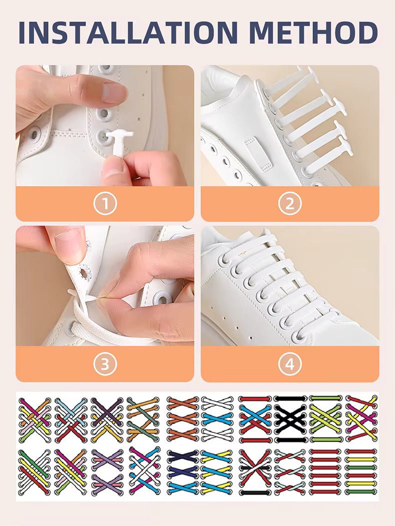 Elastic shoelace bands installation steps shown on a sneaker panel