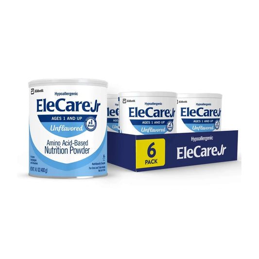 EleCare Jr unflavored amino acid-based nutrition powder, 6-pack with cans shown