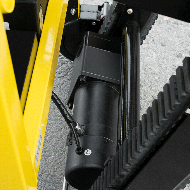 Black motor housing and rail contact area of yellow stair-climbing wheelchair lift