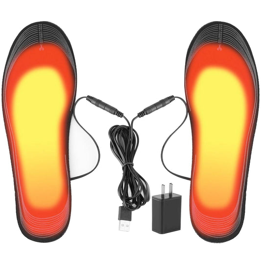 Heated insoles with visible glowing heat pads, black soles with USB power cords
