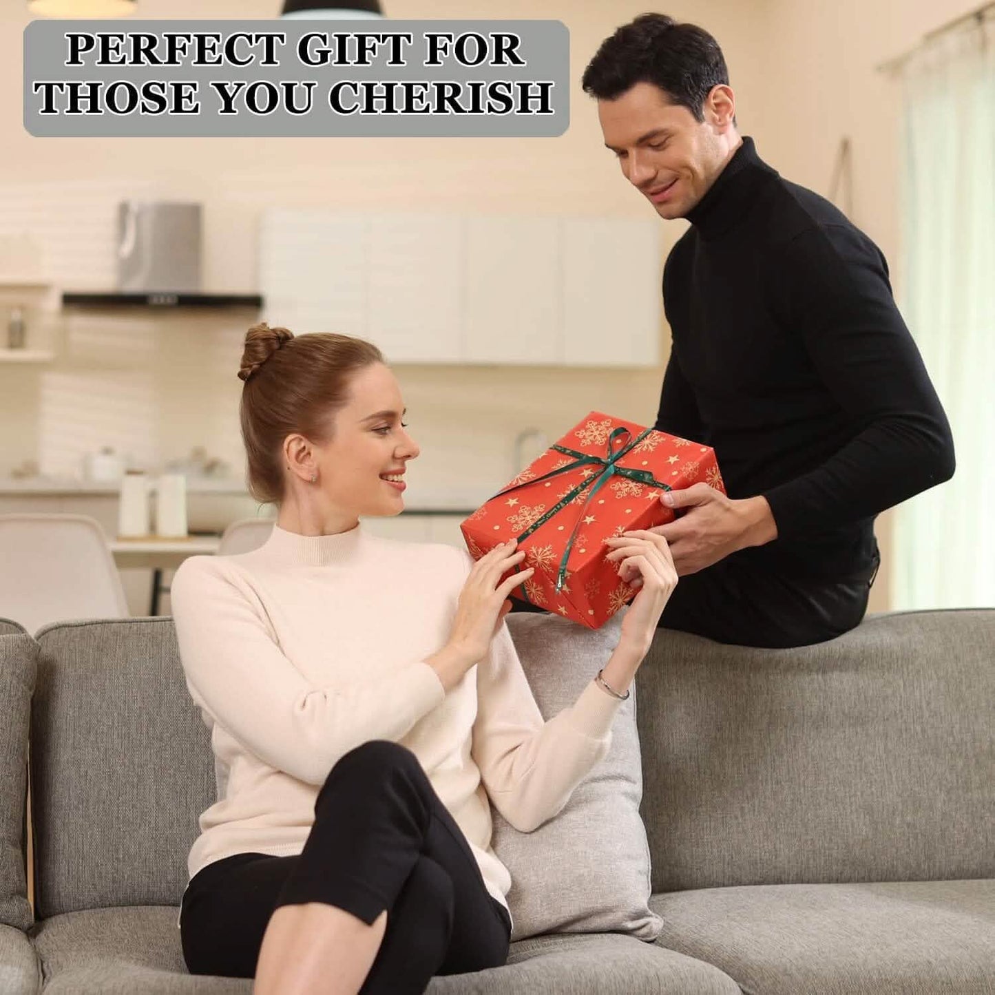 Grey electric heating pad on couch during gift exchange scene
