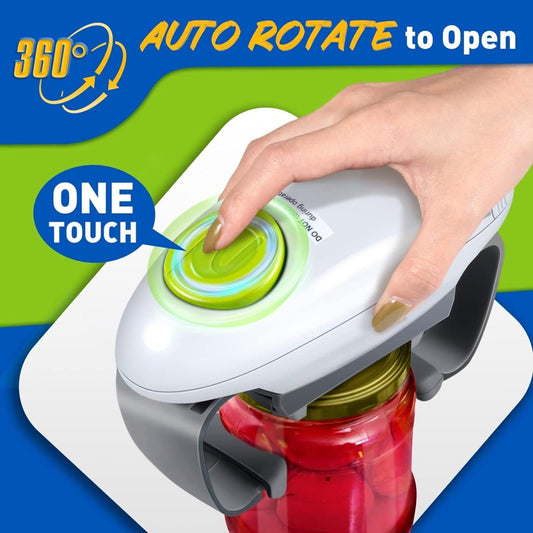 Electric jar opener with lime button; hand presses top to open a jar lid