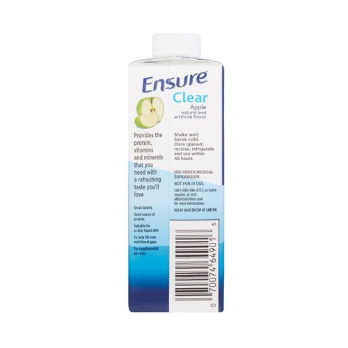 Ensure Clear Apple therapeutic nutrition drink carton, side with barcode and text