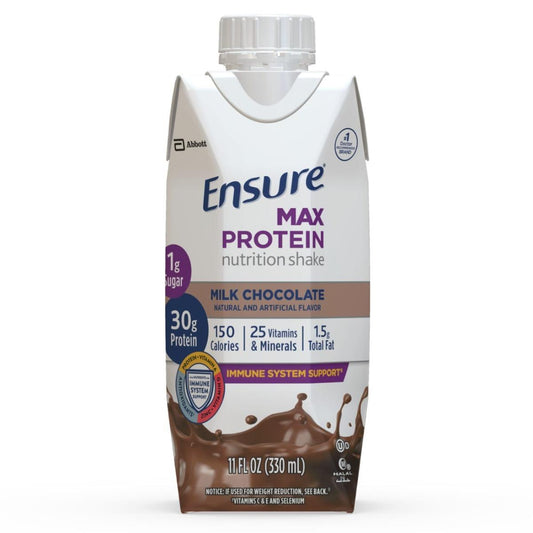 Ensure Max Protein milk chocolate nutrition shake carton, front panel with 1g sugar and 30g protein