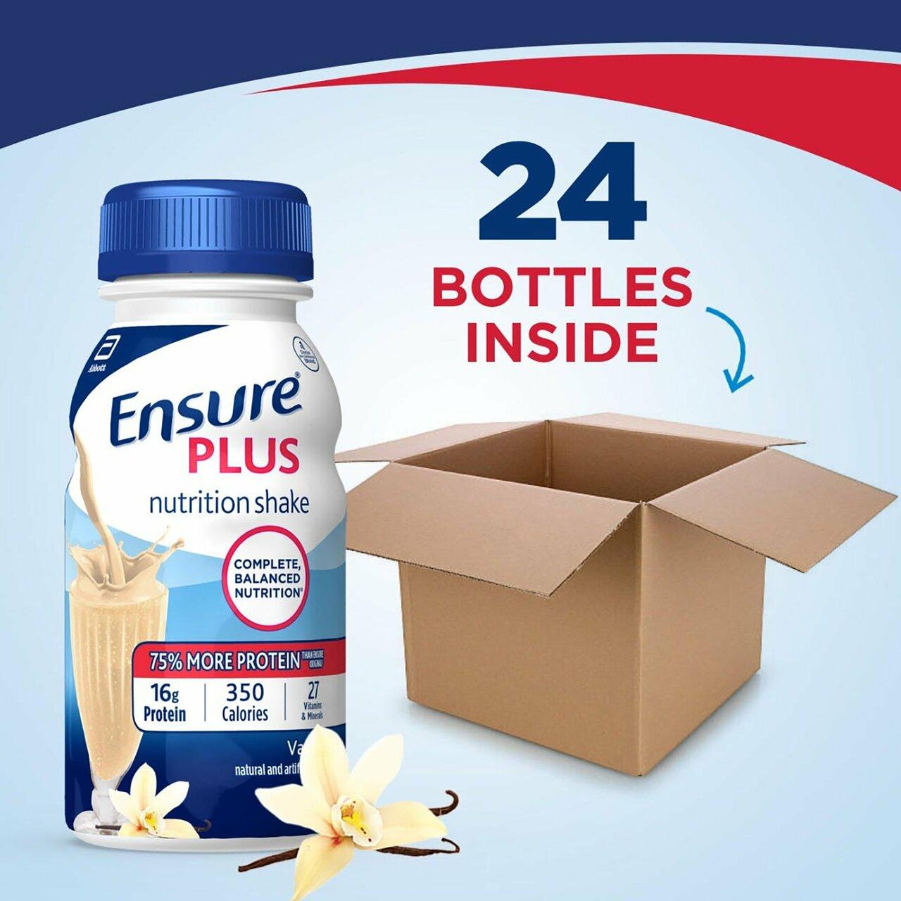 Ensure Plus vanilla shake bottle beside carton labeled 24 bottles inside