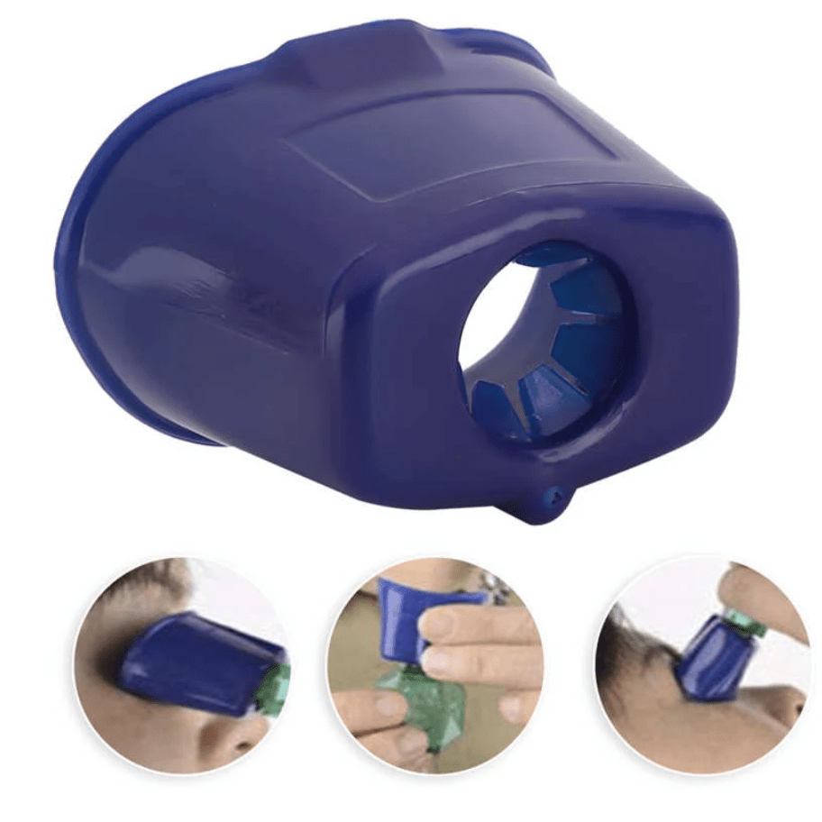 Blue eye drop guide nozzle end with inset usage step circles