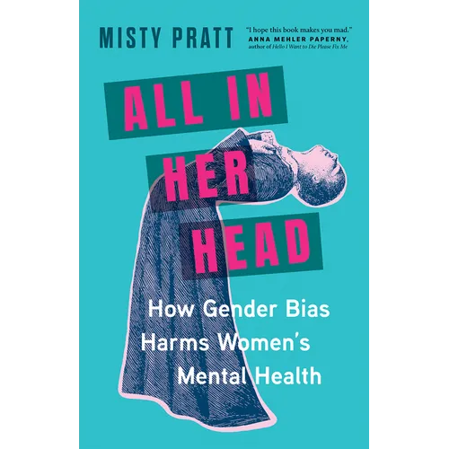 Hardcover book with teal cover, illustrated woman head, and bold pink title text.