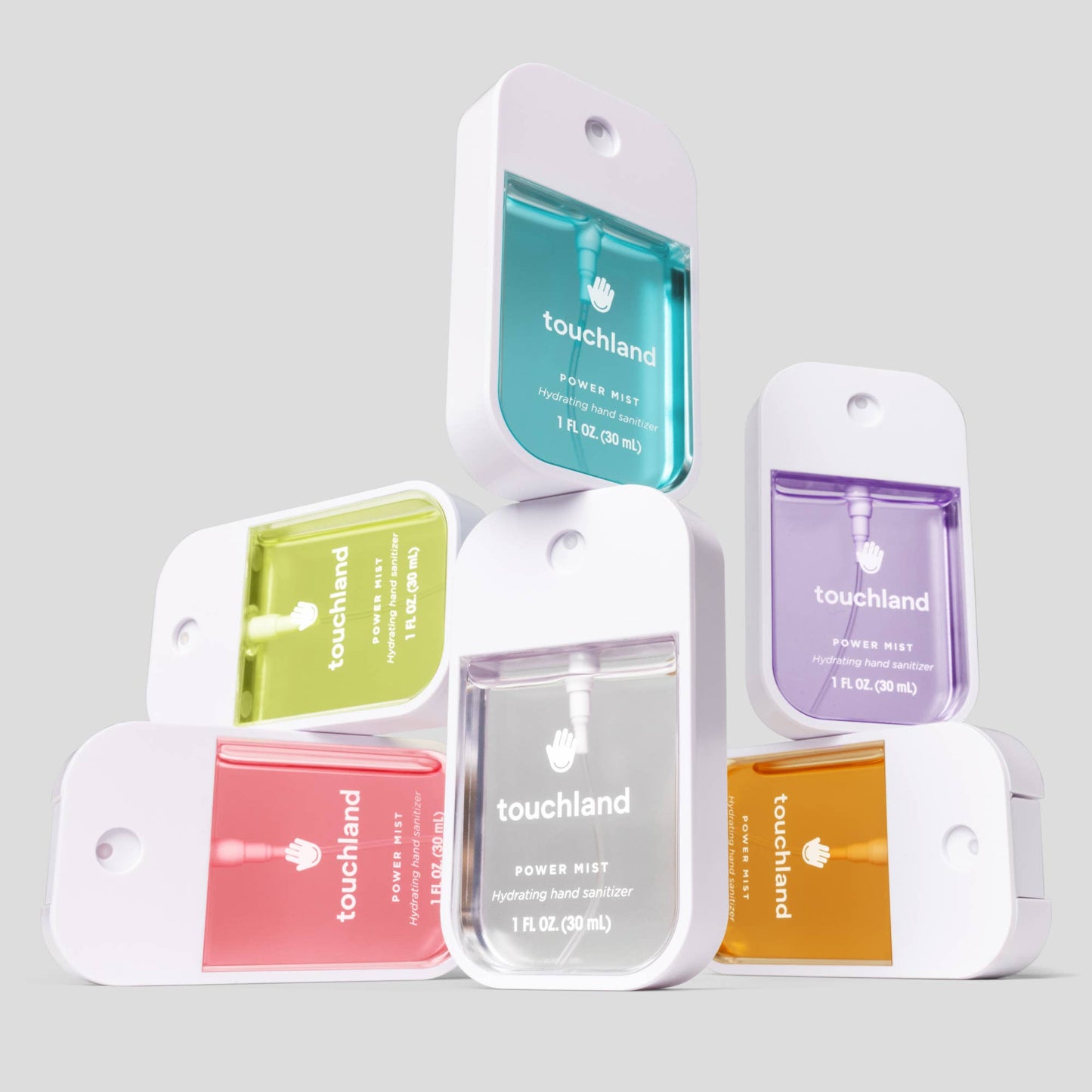 Touchland Power Mist hydrating hand sanitizer pouches set in teal, purple, green, red, and orange