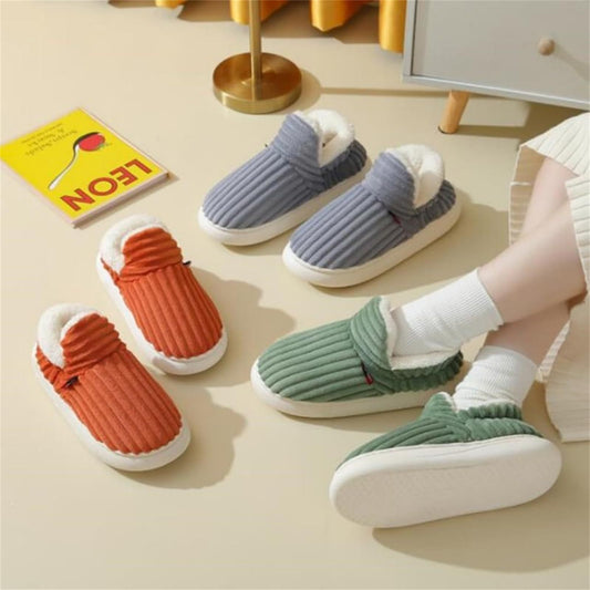 Plush home slippers set with light blue, orange, and green pairs, white fuzzy strap