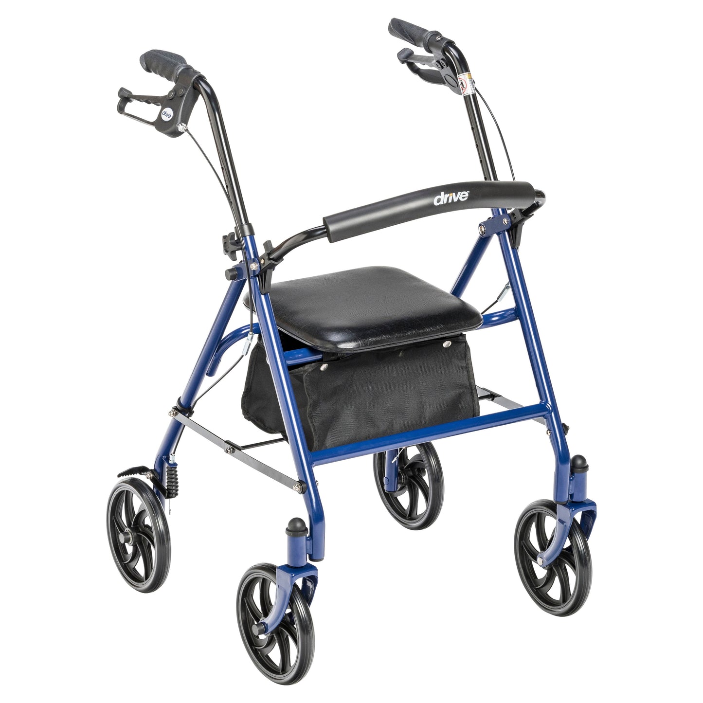 Blue four-wheel rollator walker with padded seat, armrests, and fold-up back support.