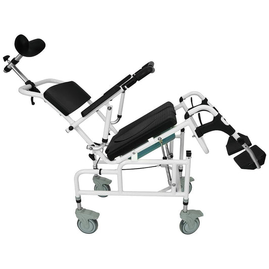 Rolling shower commode chair, flip-up armrests and padded leg supports, black seat