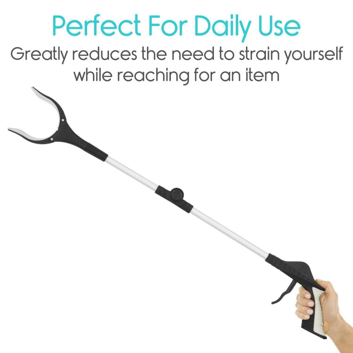 Daily-use reacher grabber tool with black clamp jaws and white extension bar