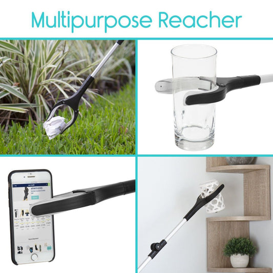 Multipurpose reacher grabber tool with long reach and claw-style gripper