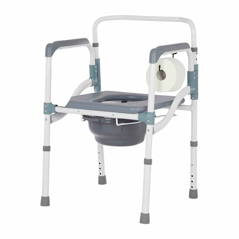 Folding aluminum commode chair with padded seat and removable toilet pan, armrests