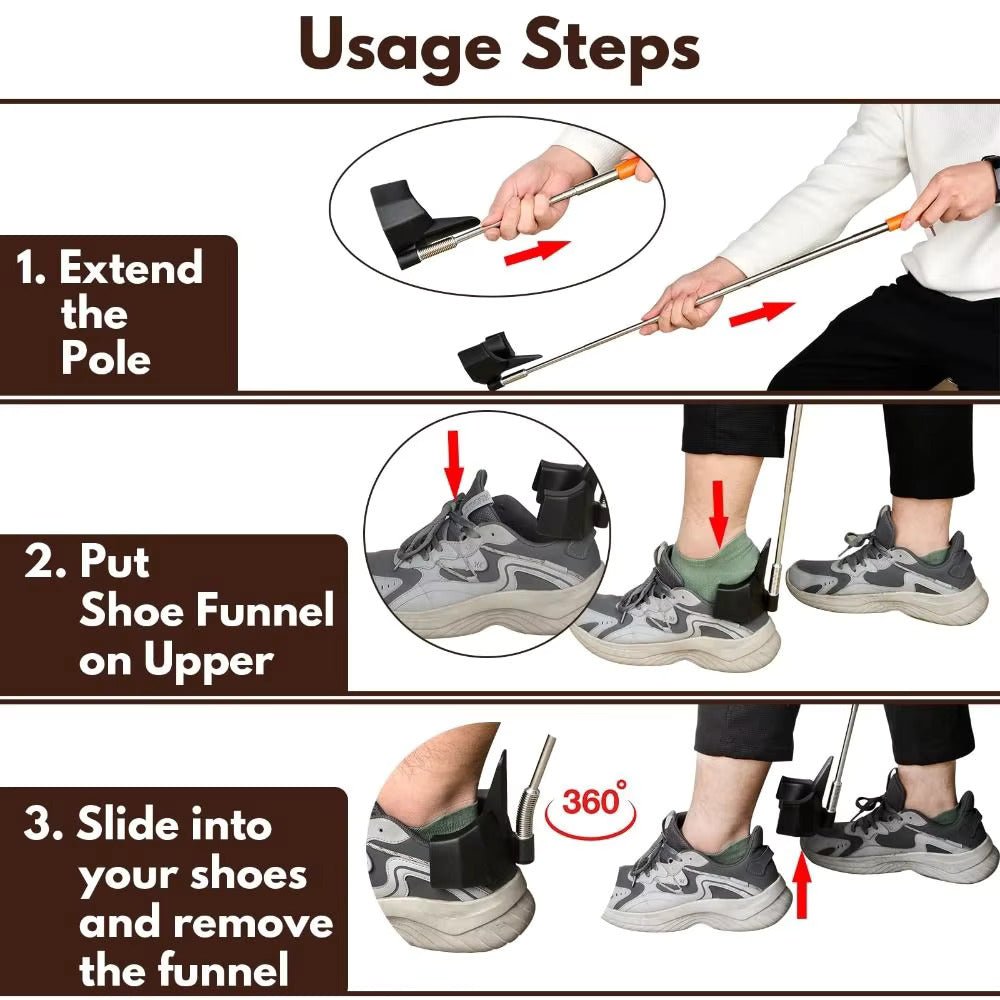 Extended pole shoehorn with black funnel positioned over a sneaker during use