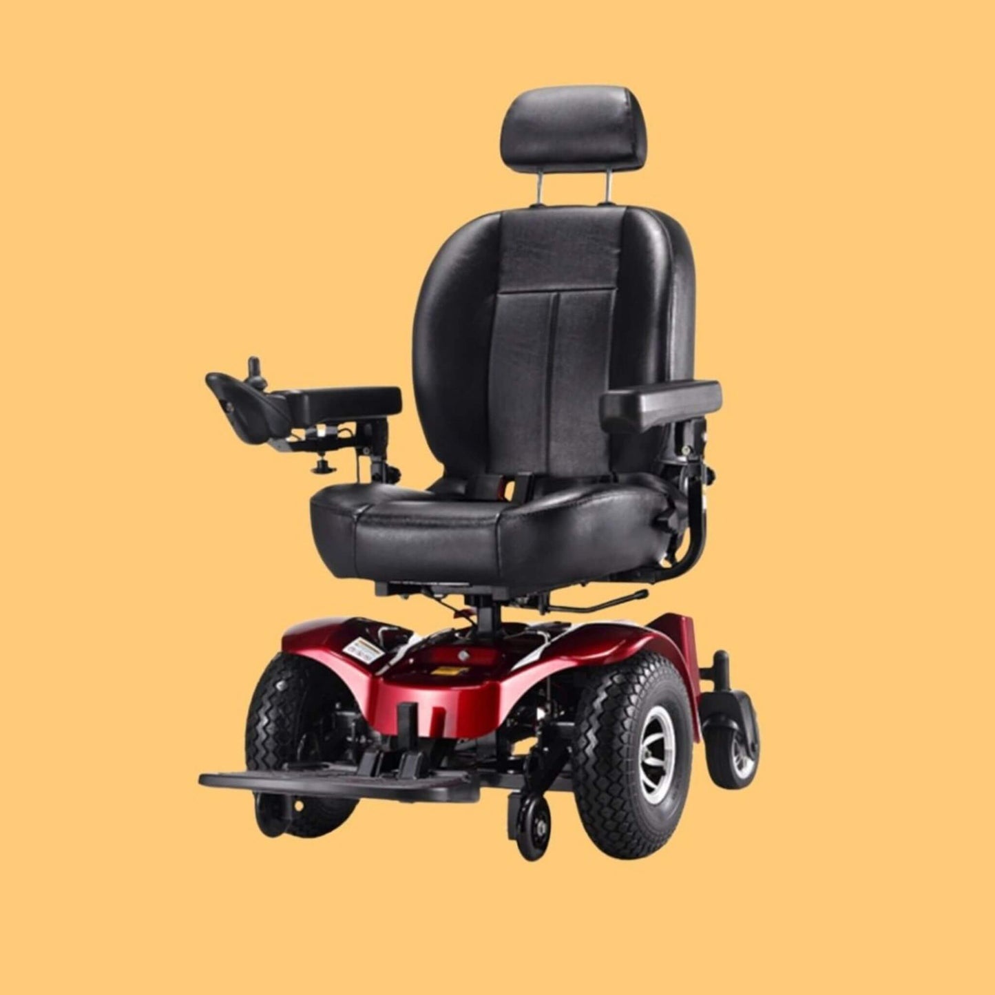 Power wheelchair with black padded seat and headrest on red frame, front-right angle