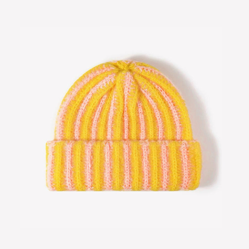 Fuzzy Contrast Striped Beanie