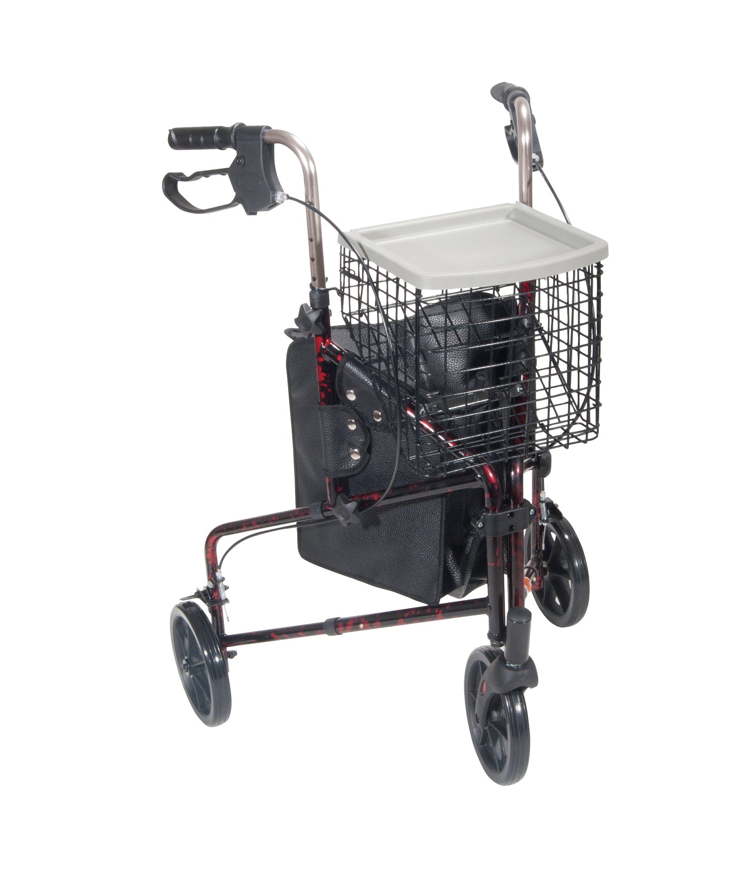3-wheel rollator walker with front basket, tray, and side pouch; red-accent frame