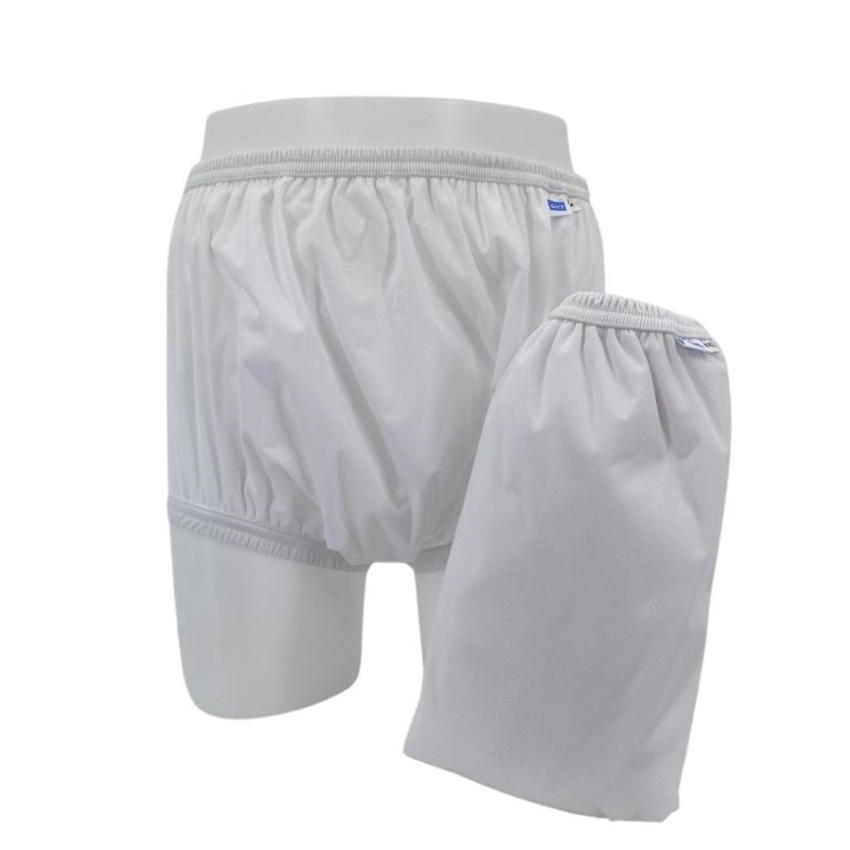 Pair of white pull-on incontinence pants: elastic waistband, back view, smooth fabric
