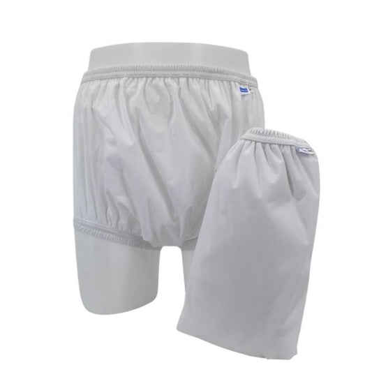 Pair of white pull-on incontinence pants: elastic waistband, back view, smooth fabric