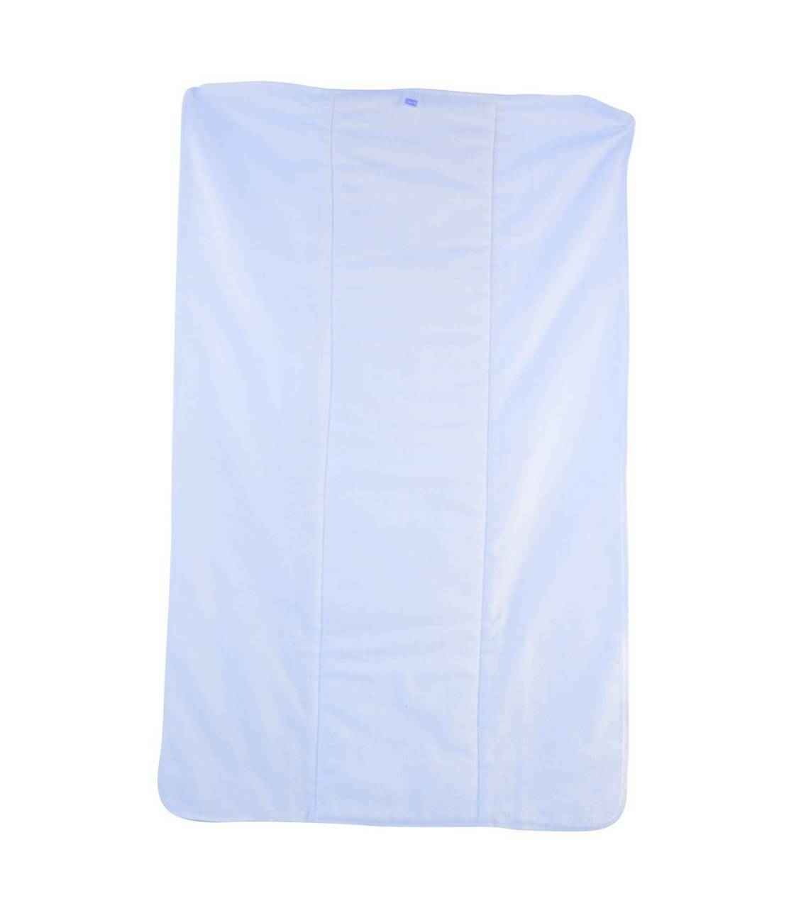 Light blue flat prefolded adult cloth diaper, rectangular with central and side seams