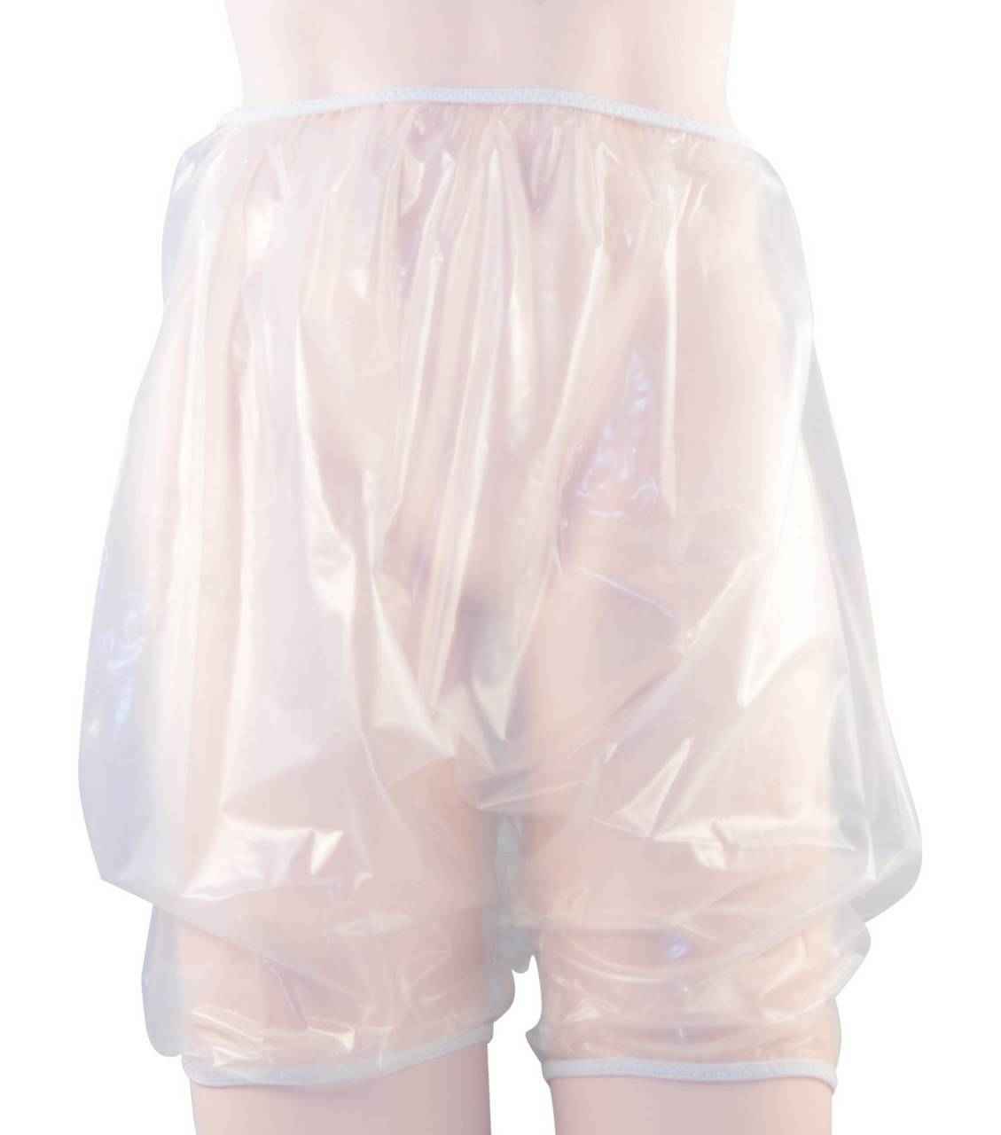 White pull-on urethane bloomer with elastic waistband, back view, full coverage shorts