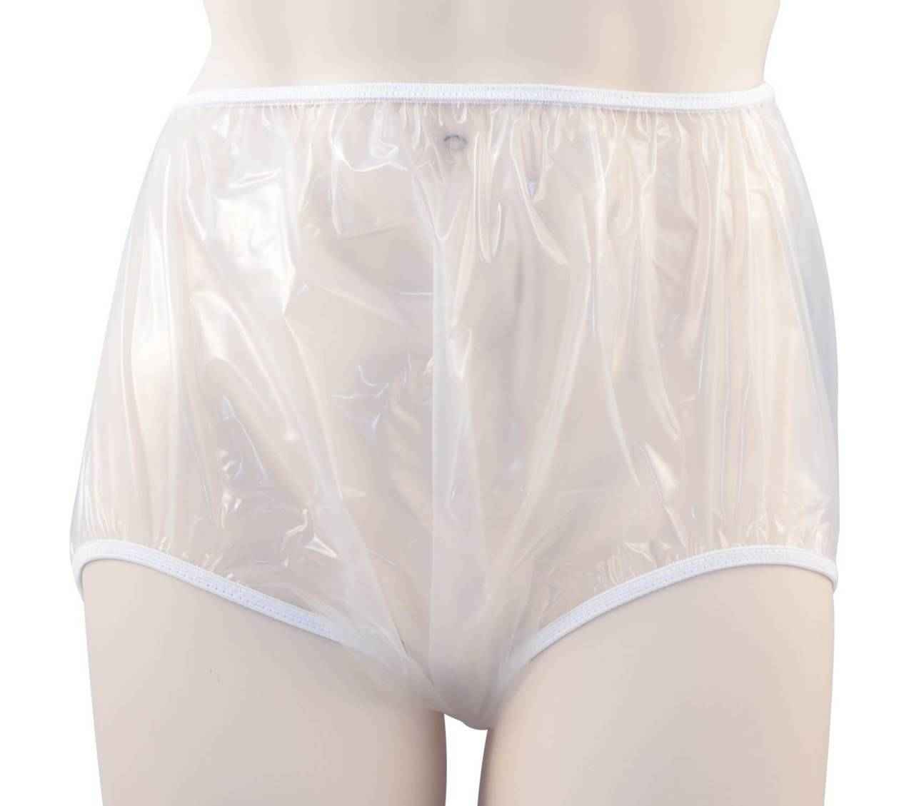 White pull-on urethane pants with elastic waistband and full-coverage brief legs