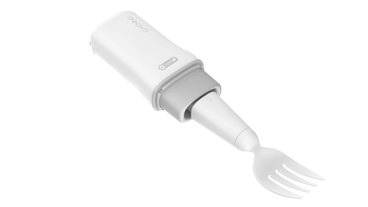 Adaptive twist utensil with curved white handle and grey neck, fork-style tines