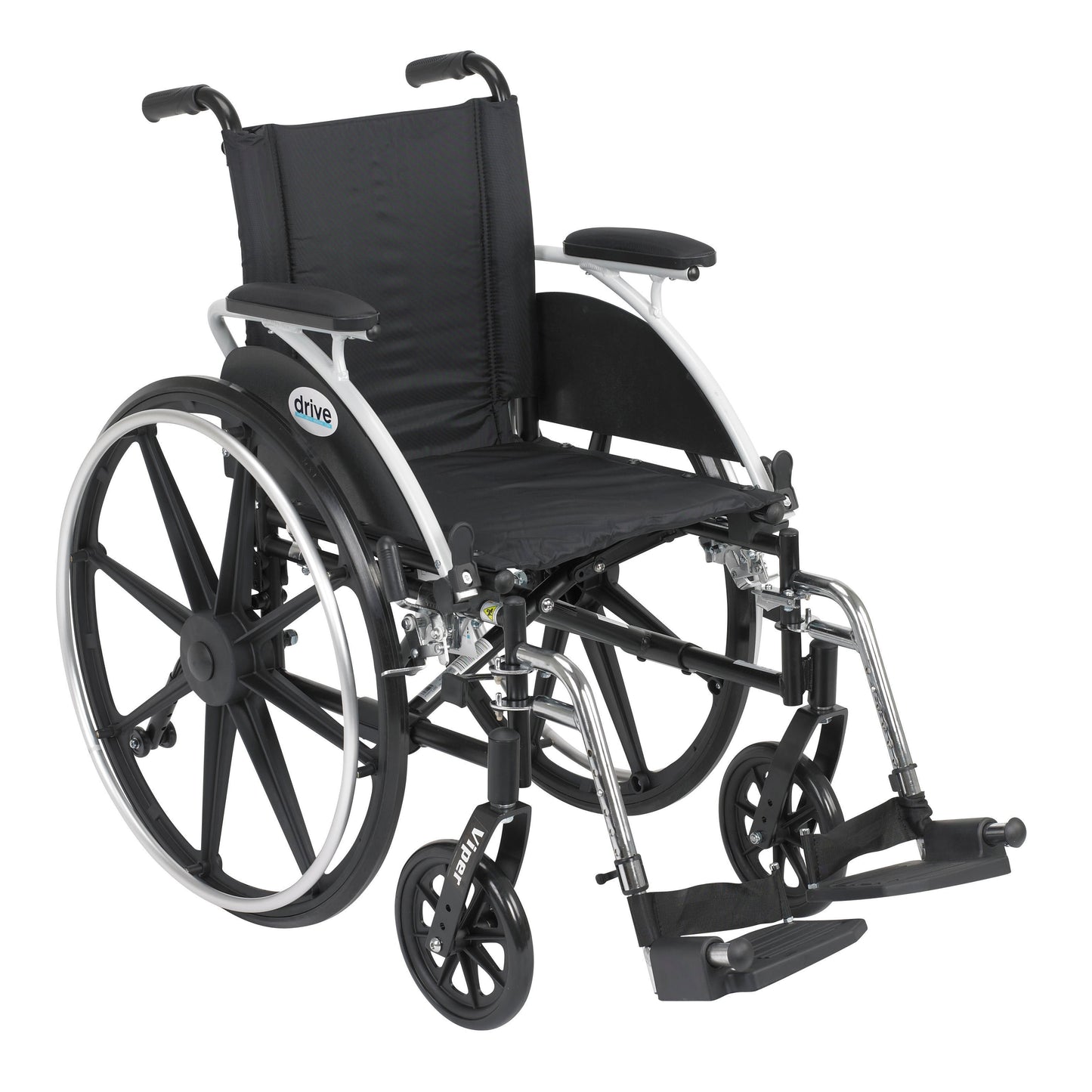 Black wheelchair with flip-back desk arms and swing-away footrests, 14 in seat