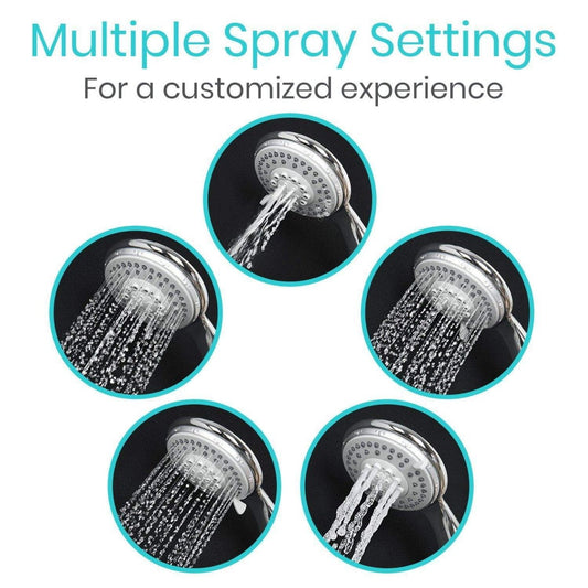 Handheld shower head showing multiple spray patterns from round nozzle face