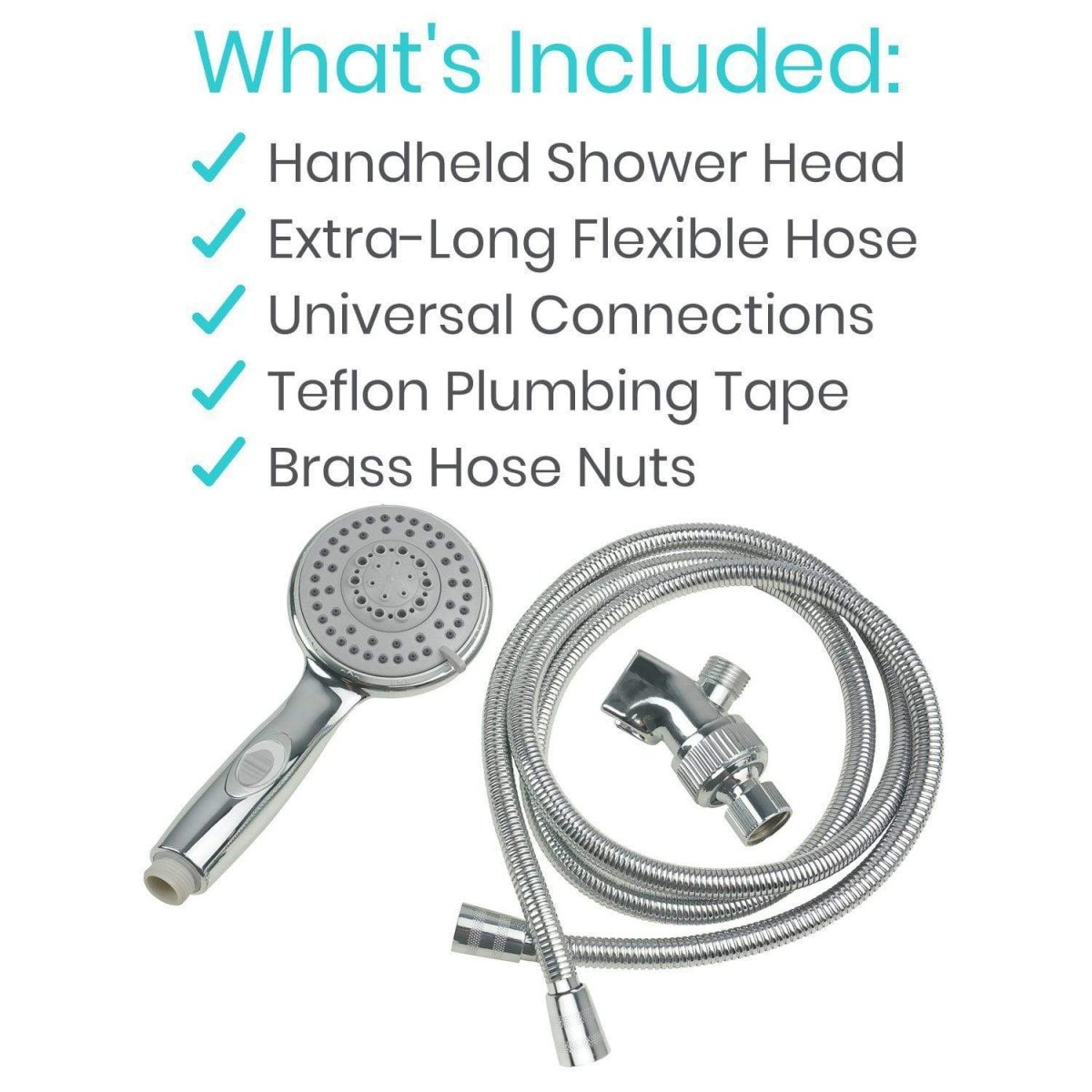 Handheld shower head set with extra-long flexible hose and universal connections