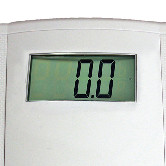Close-up of digital floor scale LCD showing 0.0 lb