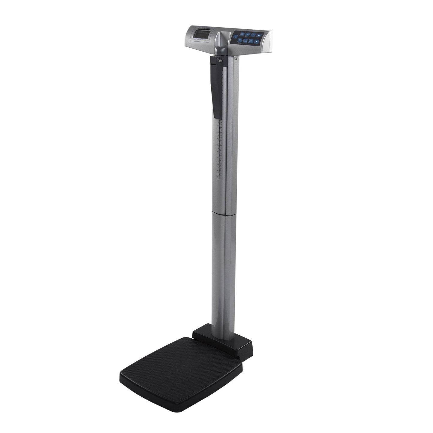 Physician digital scale with height rod, control panel, and black platform base