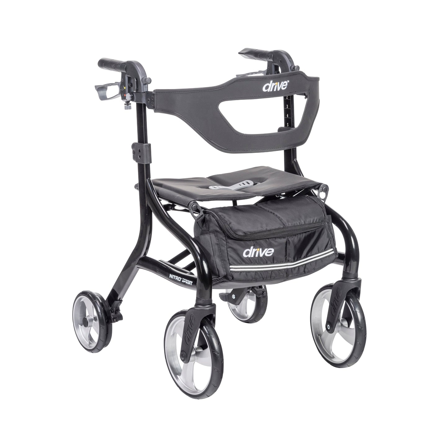 Black rollator walker with padded seat, armrests, front storage bag, and four wheels