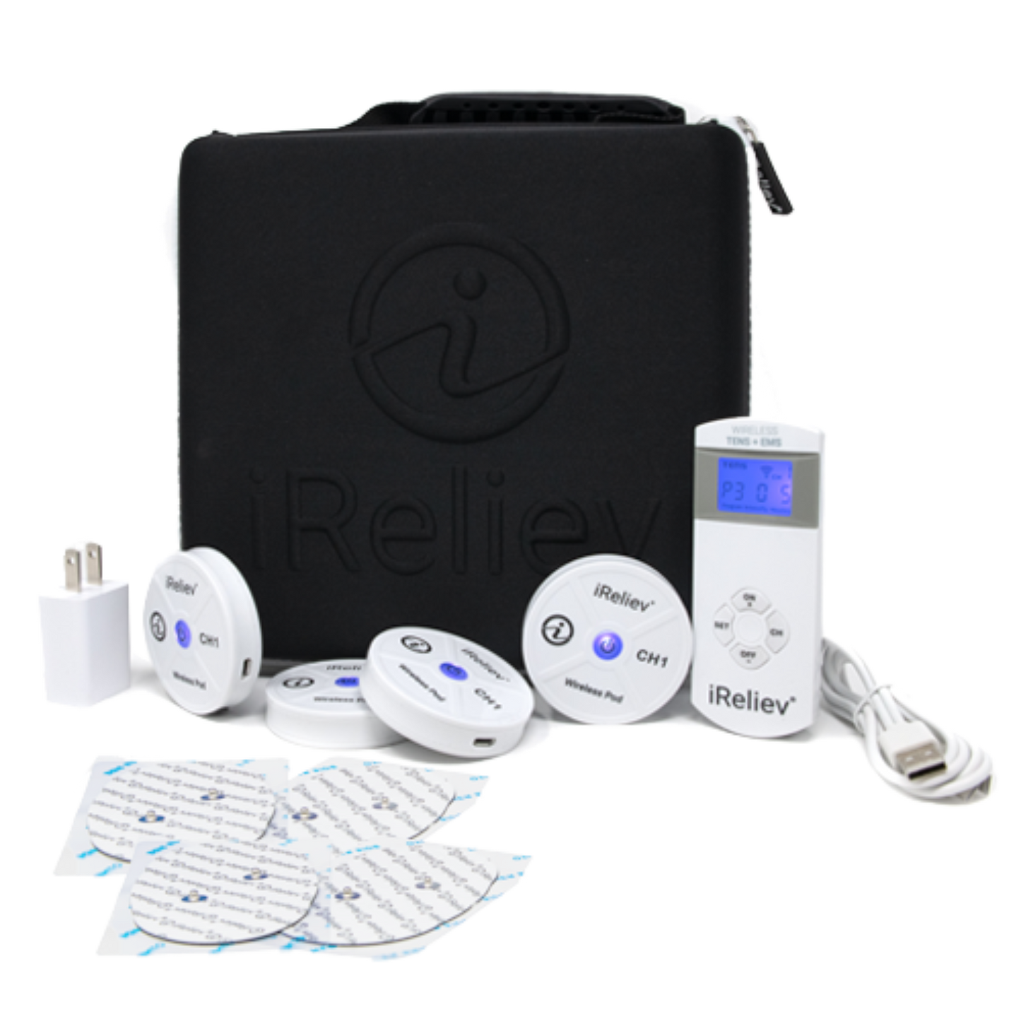 Therapeutic wearable system components with black carrying case, controller, wireless pods, and pads