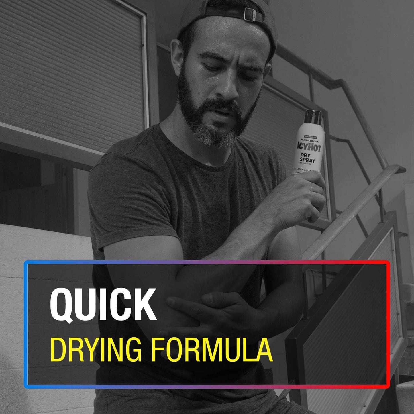 Icy Hot dry spray bottle with QUICK DRYING FORMULA text