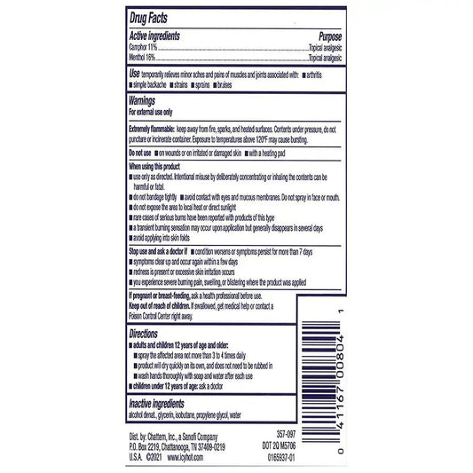 Icy Hot Pro 4 oz dry spray Drug Facts panel: active ingredients and warnings.
