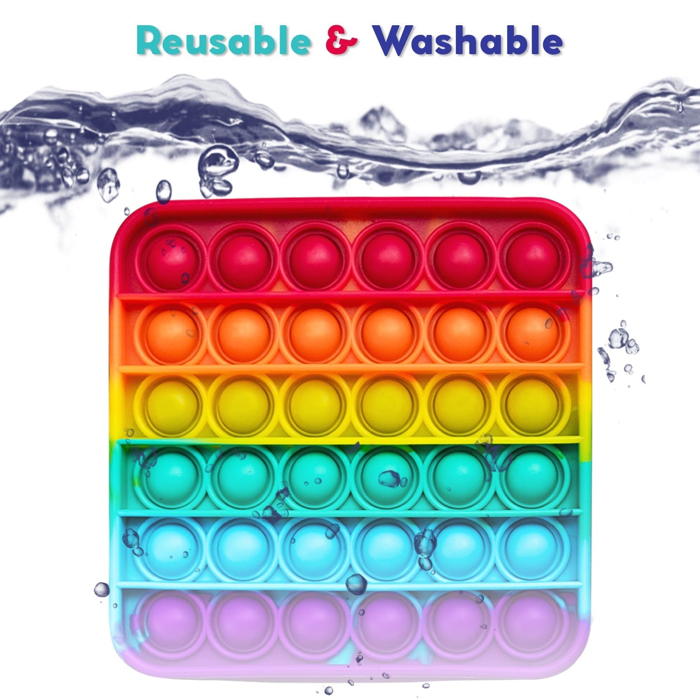 Rainbow silicone pop-it fidget mat with water droplets on colorful rows of round push bubbles
