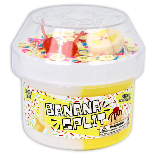 Banana-scented slime jar with clear lid, yellow slime, and banana split charms and sprinkles