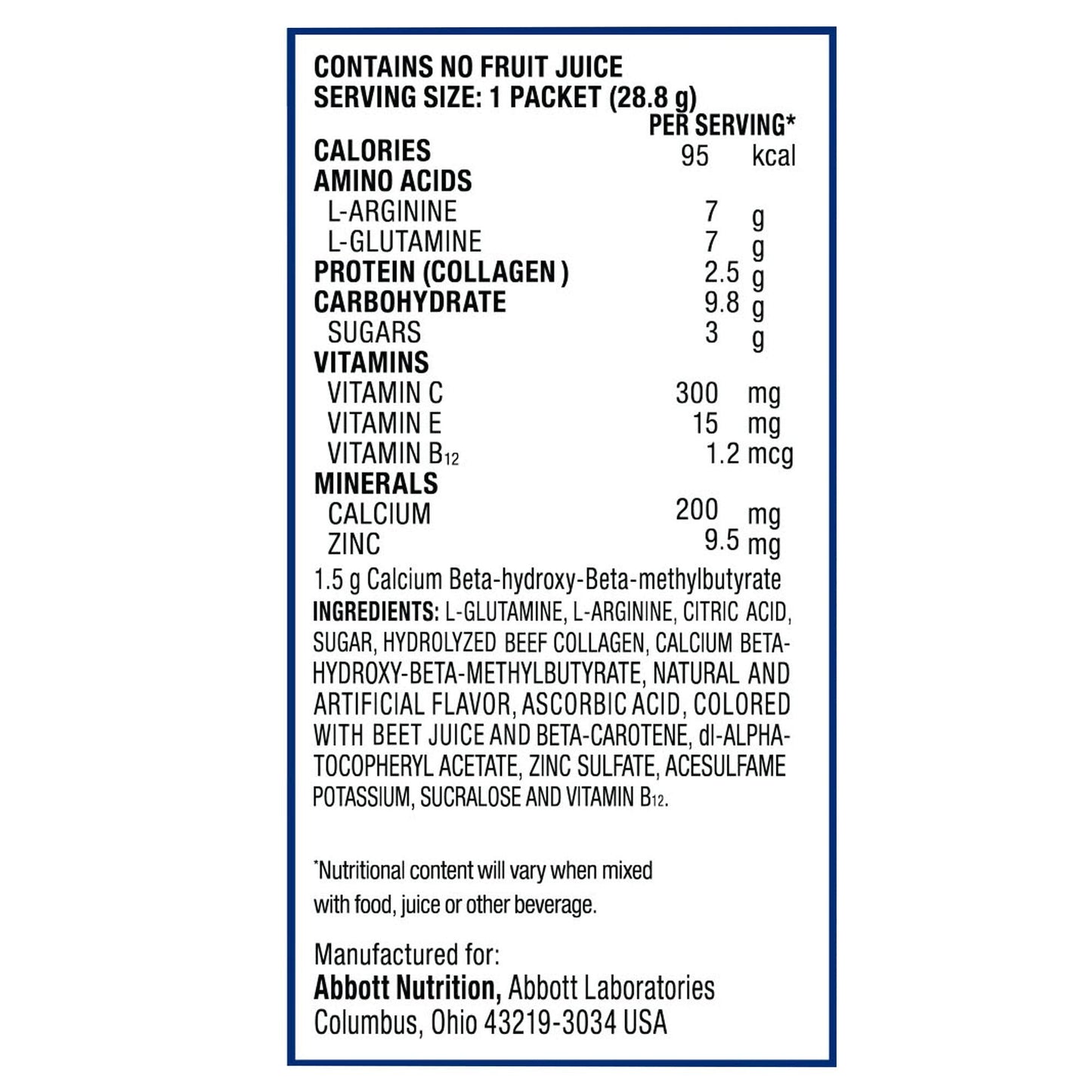 Juven Fruit Punch nutrition facts panel with serving size 1 packet (28.8 g)