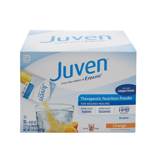 Juven orange therapeutic nutrition powder, front of 30-packet box with collagen protein
