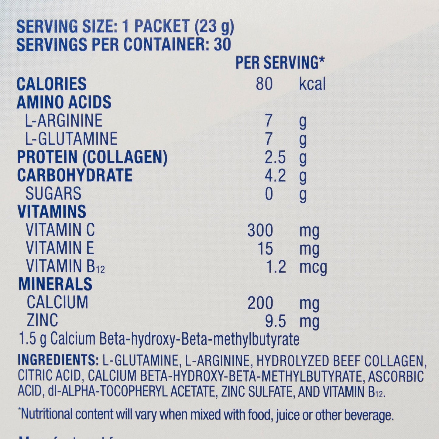 Unflavored drink mix nutrition facts panel, per packet 80 kcal