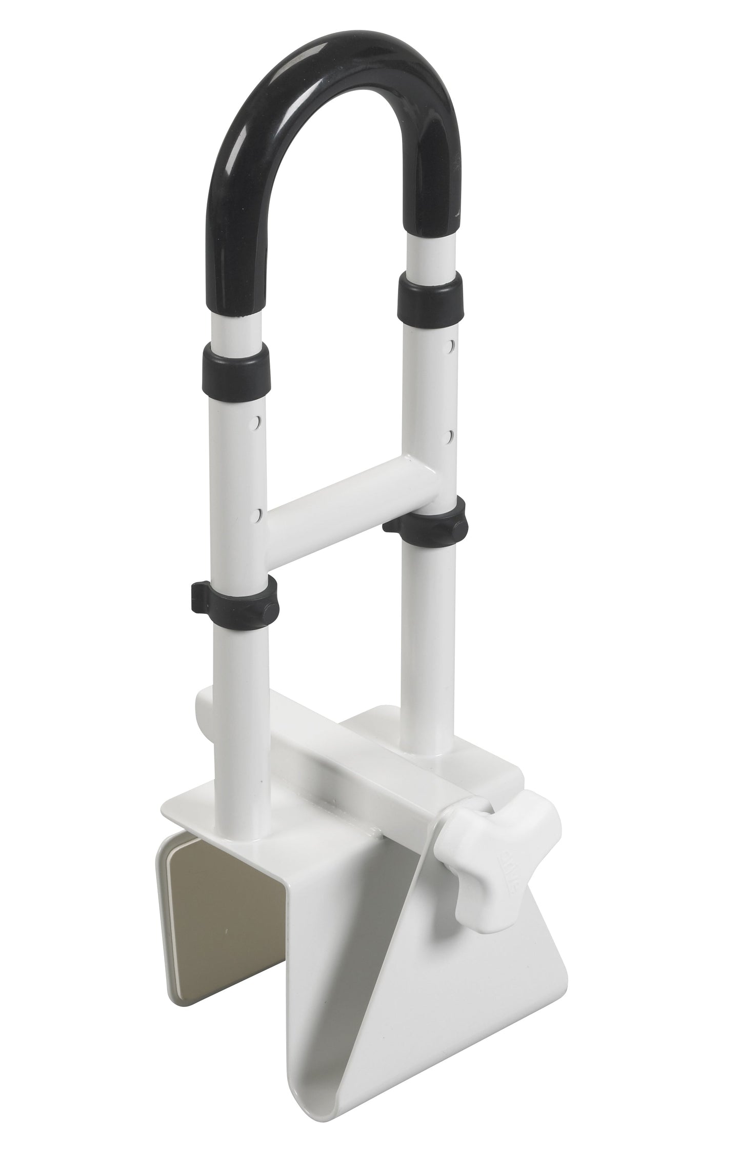 Adjustable bathtub grab bar safety rail with curved handle, white frame and black clamps