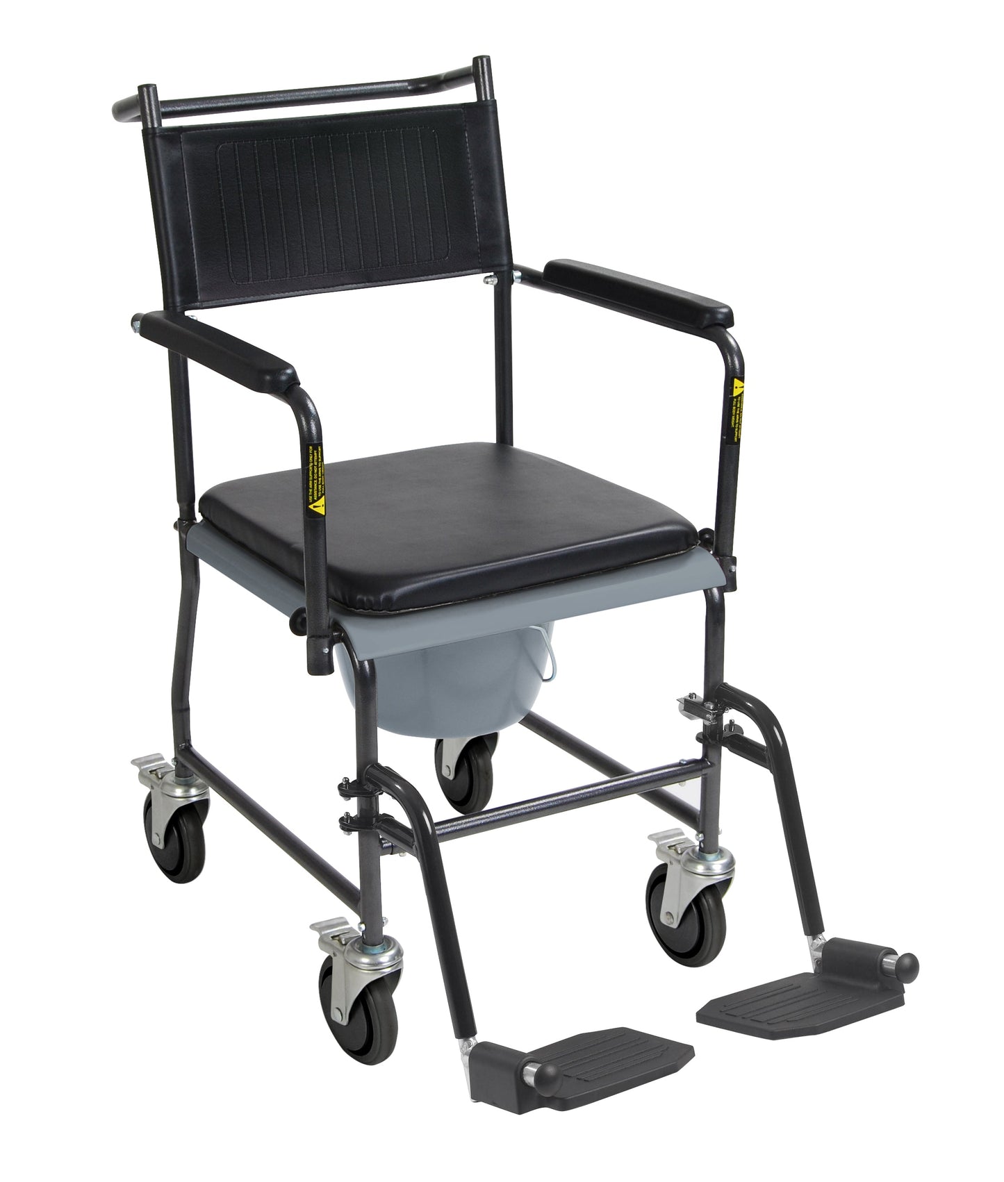 Upholstered wheeled commode chair with drop arms, padded seat and back, caster wheels