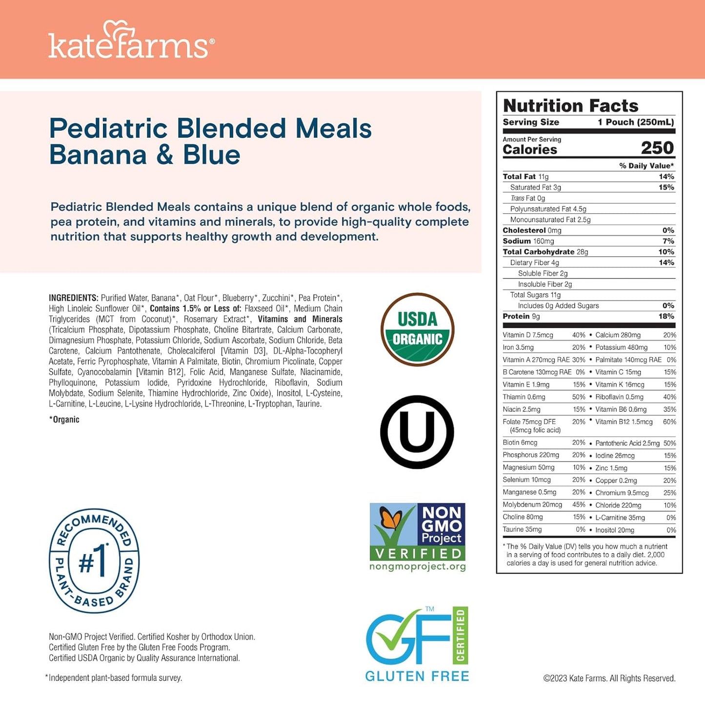 Nutrition facts panel for Pediatric Blended Meals, banana & blueberry, 250 mL pouch