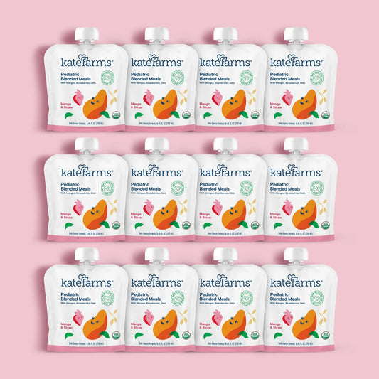 12-pack of pediatric blended meals pouches, Mango & Strawberry, resealable spout tops