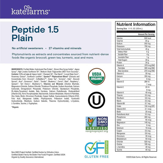 Peptide 1.5 Plain nutrient info label, 11 fl oz serving