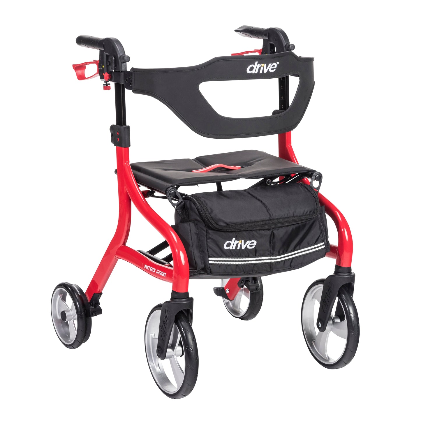 Red rollator walker with black padded seat and four wheels